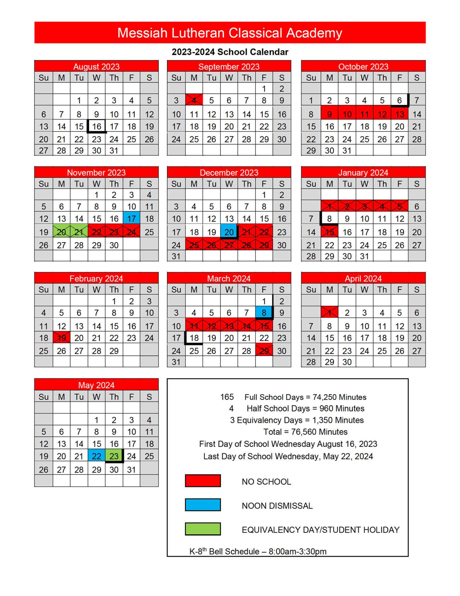 Messiah Lutheran Classical Academy Calendar