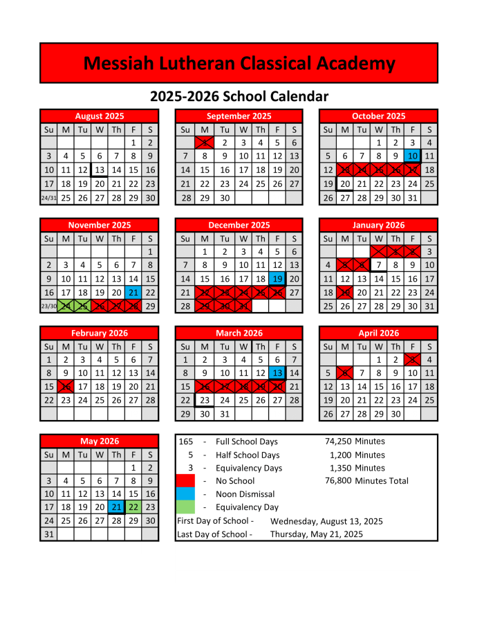 Messiah Lutheran Classical Academy Calendar